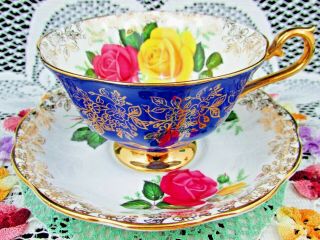Royal Albert Pink & Yellow Roses Gold Floral Cobalt Tea Cup And Saucer