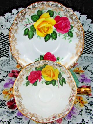 ROYAL ALBERT PINK & YELLOW ROSES GOLD FLORAL COBALT TEA CUP AND SAUCER 2