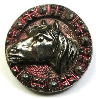 Bb Medium Size Antique Black Glass Button Horse Head W/ Red Silver Luster 15/16 "