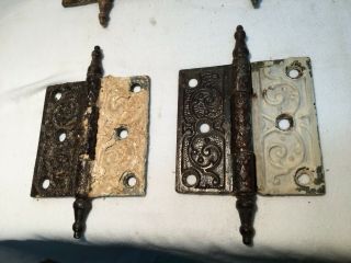 Pair Victorian Antique Cast Iron Ornate Steeple Tip Door Hinges 3.  5in X 3.  5in