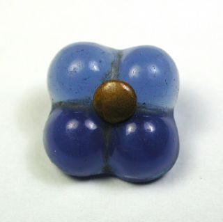 Bb Antique Charmstring Glass Button Blue Flower Mold Pin Shank - 1/2 "