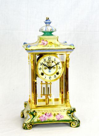 Vintage Ansonia Style Open Escapement Floral Porcelain Regulator Mantle Clock