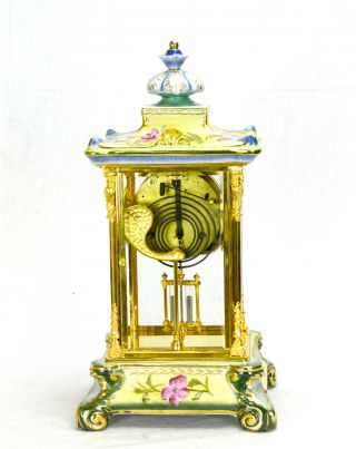 Vintage Ansonia Style Open Escapement Floral Porcelain Regulator Mantle Clock 3