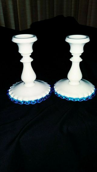 Vintage Fenton Ruffled Blue Crest White Milk Glass Candle Stick Holder Pair