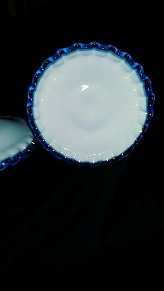 VINTAGE FENTON RUFFLED BLUE CREST WHITE MILK GLASS CANDLE STICK HOLDER PAIR 4