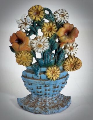 Vintage Overflowing Flower Basket Cast Iron Doorstop