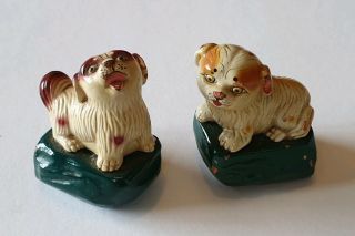 Extremely Rare/mystery Antique Miniature Earthenware Oriental Pug/chow Dogs X2