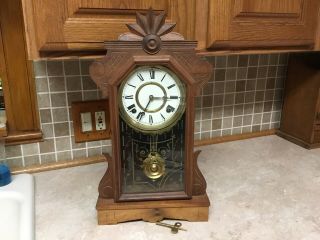 Antique E Ingraham Wood Parlor Mantel Clock With Chimes Pendulum
