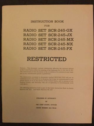 Instruction Book For Radio Set Scr - 245 - Gx,  Jx,  Mx,  Nx And Px