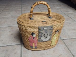 Vtg Chinese Tea Oval Basket With Chinese Figures,  Fish Closure
