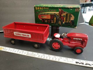 Vintage Tin Toy Tractor With Cargo Trailer Sss Japan See Photos