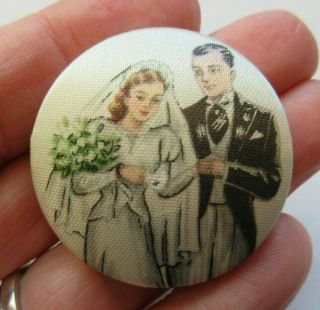 Sweet Xl Antique Vtg Silk Fabric Picture Button Couple Bride Groom Wedding (f)