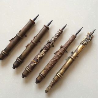 A Set Of Five Antique China Ancient Bronze Dragon Weapon Sleeve Darts Arrow