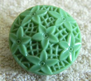 Vintage Green Glass Button Great Detail Star Flowers Over Latticei