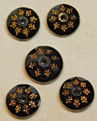 Antique Buttons Black Glass Whistle With Incised Gold Matching Set Of 5 C3
