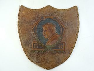 Antique Theodore Roosevelt President Tooled Leather Wall Plaque Shield 1901 Vtg