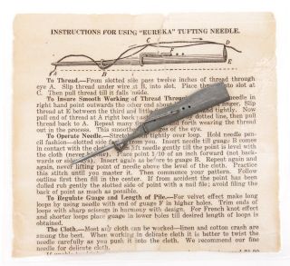 Antique Eureka Tufting Needle Sewing Instructions Vintage Old