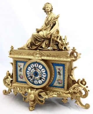 Antique French Mantle Clock 1880 ' s Stunning Gilt & blue Sevres Striking Figural 2