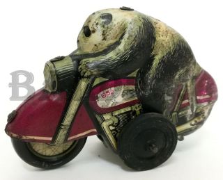 Rare 652 Panda On Motorcycle Red China Vintage Tin Toy Drawing Friction Mf