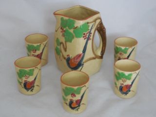 Vintage Pottery Japan Pitcher 5 Tumblers Cups Basket Weave Bird Majolica Style
