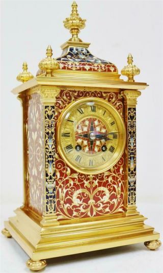 Exceptional Antique French 8 Day Bronze Ormolu & Champleve Enamel Mantle Clock