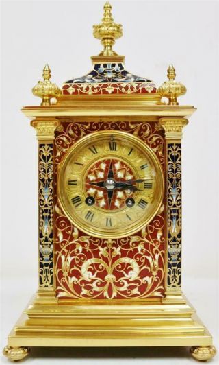 Exceptional Antique French 8 Day Bronze Ormolu & Champleve Enamel Mantle Clock 2