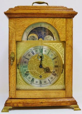 Vintage Kieninger Oak Triple Chime Musical 9 Bell Moon Phase Bracket Clock
