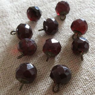 Antique Red Faceted Glass Ball Sewing Buttons With Brass Metal Shank