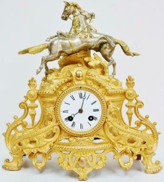 Antique French 8 Day Striking Gilt Metal & Silvered 2 Race Horse Mantle Clock 12