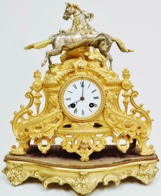 Antique French 8 Day Striking Gilt Metal & Silvered 2 Race Horse Mantle Clock