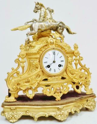 Antique French 8 Day Striking Gilt Metal & Silvered 2 Race Horse Mantle Clock 2