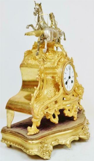 Antique French 8 Day Striking Gilt Metal & Silvered 2 Race Horse Mantle Clock 4