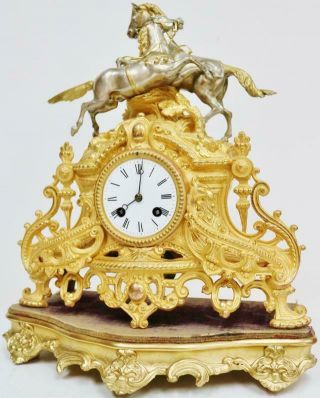 Antique French 8 Day Striking Gilt Metal & Silvered 2 Race Horse Mantle Clock 5