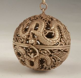 China Tibetan Silver Pendant Incense Ball Hollow Dragon Phoenix Handicraft Gift