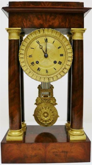 Antique French Empire Flame Mahogany Portico Table Regulator Mantle Clock