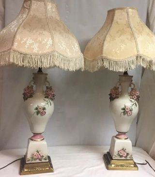 Antique Urn Table Lamp Floral Hand Painted & Signed Porcelain W/ Fringe Shade