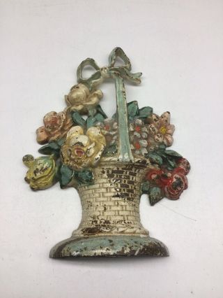 Antique Hubley 121 Cast Iron Flower Basket Doorstop Paint 7