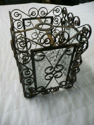 Vintage Wrought Iron,  Obscure Glass Porch/hall Lantern Shade Pendent Lamp Fitting