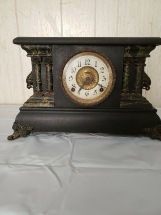 E Ingraham Co Antique Mantle Clock - Black W/marble Design Columns.  Well.