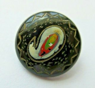 Fabulous Antique Vtg Japanned Metal Tole Button Enamel Paisley Design 3/4 " (r)
