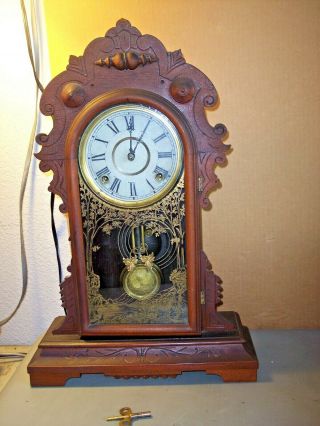 Antique E.  N.  Welch Walnut Victorian Parlor / Mantle Clock,  Brass Key
