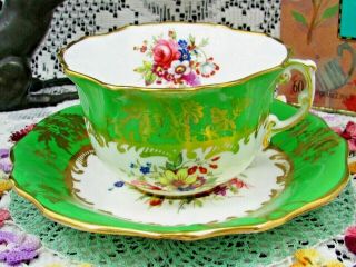 Hammersley Signed Howard Floral Sprays Lime Green Tea Cup And Saucer