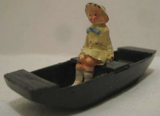 Old Rare Lead 2 Pc Pond Boat W/ Sitting School Girl Figure For Christmas Village