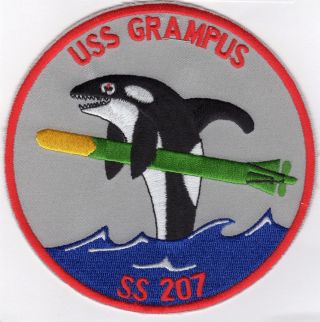 Uss Grampus Ss 207 - Fish With Torpedo - Gray - Submarine Patch - Cat No.  C5144