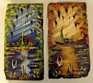 French Quarter Scene Hand Painting By M.  J.  Chapoton 100 - 200 Yrs Old Slate Tile