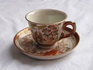 Antique Japanese Kutani Cup And Saucer With Wise Men In Garden Handpainted 4412