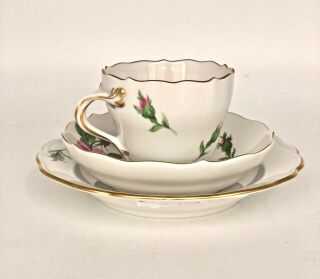 Vintage Signed Meissen Pink Rose 3 Pc Tea Set: 2 Saucers & Tea Cup