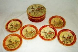 Antique Tole Coasters Papier Paper Mache Japan Dutch Harbor Scene Shabby Chic Hp