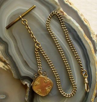Antique Gold Filled 12 " Pocket Watch Chain,  T - Bar,  Photo Locket Fob