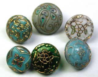 Bb 6 Antique Victorian Glass Buttons W/ Gold Luster 5 Are Dimis - 5/16 To 3/8 "